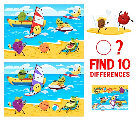 Find ten differences cartoon funny fruits on summer beach. Kids vector game with jackfruit, pear, lemon and avocado, orange, banana and grapes characters. Educational children riddle, leisure activity