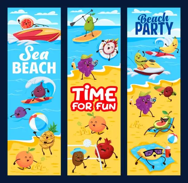 Vector illustration of Cartoon fruits on summer beach vacation banners