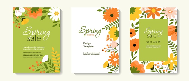 Set of spring banners with floral elements, leaves. Editable vector template for greeting card, poster, banner, invitation, social media post. Hello spring. Spring sale