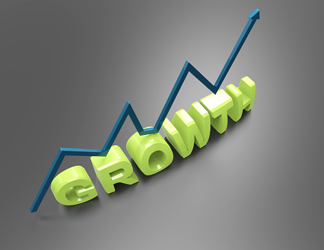''Growth'' 3d blue arrow on gray background