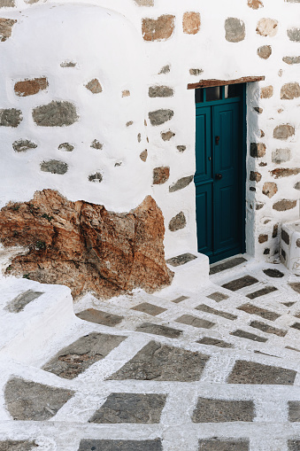 Cycladic house with blue door on Serifos island, Cyclades, Greece