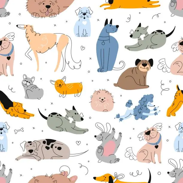 Vector illustration of Cute doodle dogs and puppies seamless pattern