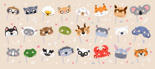 Kids carnival party animal masks of cartoon faces Kids carnival party animal masks with cartoon cute faces, vector fox, cat and panda. Children carnival costume masks of happy zoo characters, koala with beaver or raccoon and donkey or crocodile wolf and lamb stock illustrations