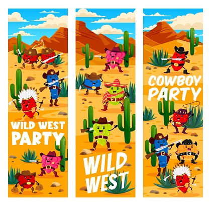 Wild West desert, cartoon western berry cowboy, sheriff, ranger and bandit characters. Vector party banners with funny cranberry, honeyberry, grapes and strawberry. Raspberry, rosehip or gooseberry