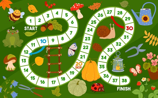 Board game with gnome items, autumn leaves and garden tools. Kids vector step boardgame worksheet with watering can, mushrooms, snail and ladder. Moth, lantern, cutters, veggies, frog and butterfly