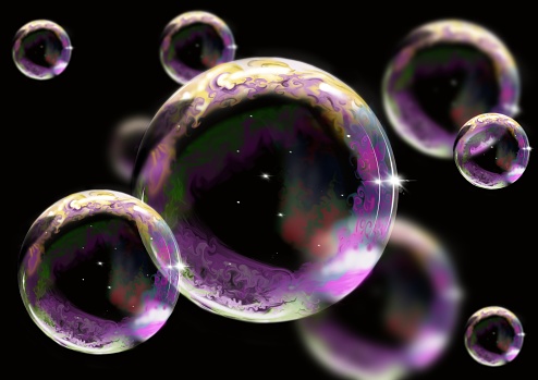 Soap bubbles, drawing of realistic and very colorful soap bubbles, handmade drawing.