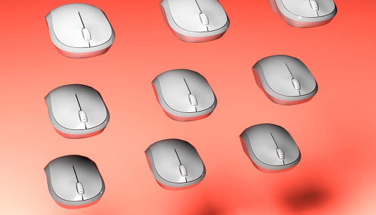 group of white computer mice floating in a row on a pink background 3d render image, front view
