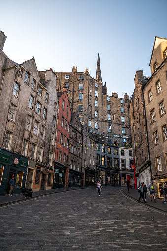 Edinburgh,Scotland, United Kingdom, June 20,2023. Victoria Street in downtown Edinburgh decorated with flags for the August party, Scotland. High quality photo