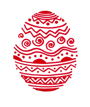 The oval is filled with various ornaments. Red lines on a white background. Easter egg. Geometric decor from lines, zigzags, dots, spirals, waves. Easter symbol. Doodle.