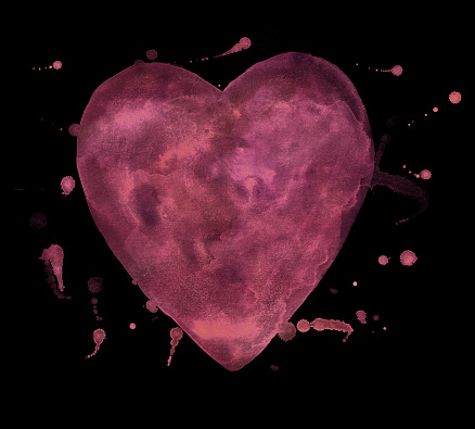Dirty pink pastel heart isolated on a black background. Filled with uneven blurry spots. Drops around. Illustration of a broken heart, sadness, illness, depression, etc. Watercolor.