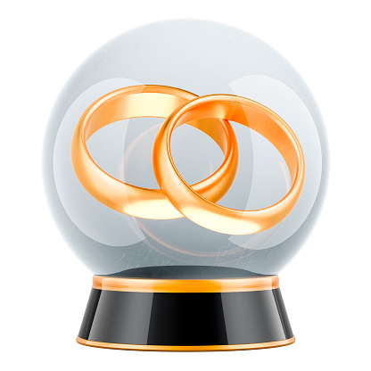Marriage Prediction, concept. Crystal ball with golden wedding rings. 3D rendering isolated on white background