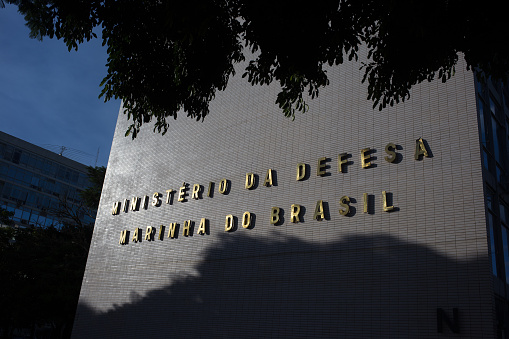 Brasília, Distrito Federal, Brazil - february, 14, 2024 -  facade of a Brazilian ministerial building with the words: Ministério da defesa / marinha do brasil