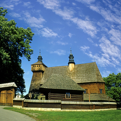 Church of the Blessed Virgin Mary and Archangel Michael. Old and beautiful polychromy of largest wooden Gothic church in Europe. UNESCO World Heritage, Haczow, Poland