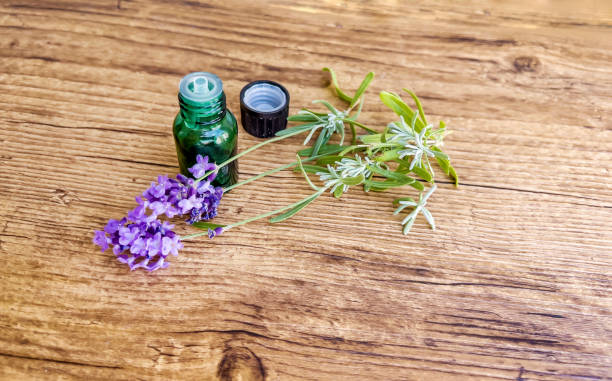 Lavender  essential  oil and lavender flowers