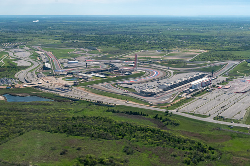 Austin, Texas, USA - March 13, 2023 - An aerial view of the Circuit of the Americas Formula One F1 track in Travis County Texas.