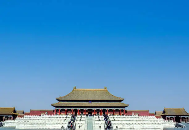 view from the forbidden city to the hall of supreme Harmony, the government place of the emperor of the Ming and Qing Dynasties