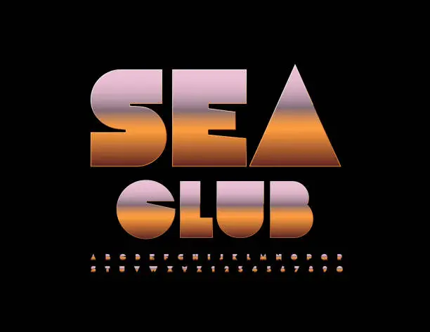 Vector illustration of Vector metallic logo Sea Club. Golden Alphabet Letters and Numbers set