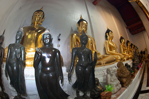 Buddha golden statue sitting and black standing decorated at pavilion for Buddhists to worship inside the Wat Phra Non Chakkasi Worawihan temple. Located at Sing Buri Province in Thailand.