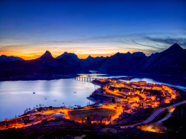 The town of Riaño with its reservoir at sunset, Leon. Spain. stock photo