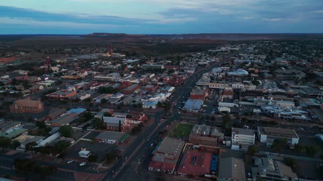 drone shot over Kalgoorlie Boulder at sunset, famous australian mining town in the outback, Western Australia