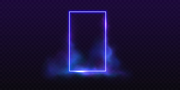 Blue colored neon frame with haze on transparent backdrop