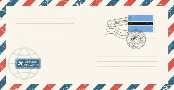 Vector illustration of Blank air mail grunge envelope with Botswana postage stamp. Vintage postcard vector illustration with Botswanan national flag isolated on white background. Retro style.