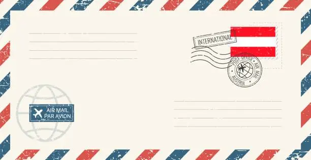 Vector illustration of Blank air mail grunge envelope with Austria postage stamp. Vintage postcard vector illustration with Austrian national flag isolated on white background. Retro style.