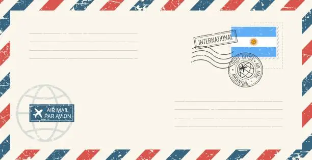 Vector illustration of Blank air mail grunge envelope with Argentina postage stamp. Vintage postcard vector illustration with Argentinian national flag isolated on white background. Retro style.