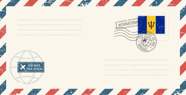 ilustrações de stock, clip art, desenhos animados e ícones de blank air mail grunge envelope with barbados postage stamp. vintage postcard vector illustration with barbadian national flag isolated on white background. retro style. - air mail mail envelope blank