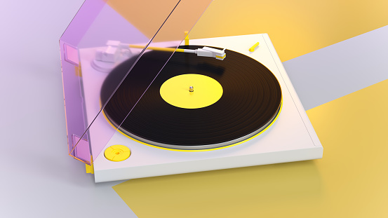 Modern turntable with vinyl record on White Yellow Background. Banner for dj poster ord music event. Top View. 3D render illustration.