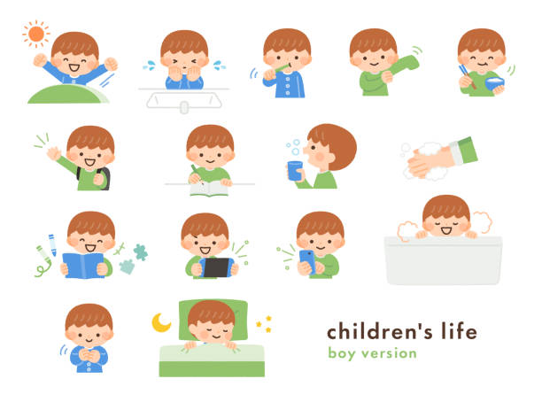 illustration material of children's activities and life illustration material of children's activities and life boy getting dressed for school stock illustrations