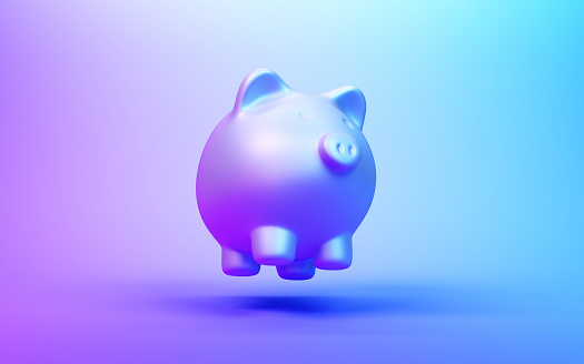 Piggy bank on gradient color background, neon style , purple and blue color, 3d rendering stock photo