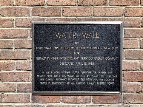 Houston, USA - October 21, 2023: signage for scenic water wall in Houston  built in 1985 with 11000 Gallons water per minute with reminiscent of an ancient roman theater stage