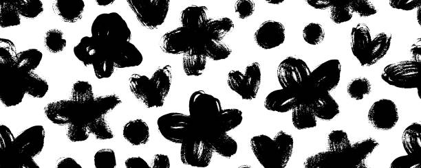 illustrations, cliparts, dessins animés et icônes de seamless banner design with naive rustic black flowers, dots and hearts. brush drawn bold flower silhouettes. - spotted natural pattern herb flower