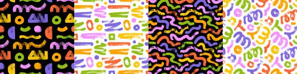 Vector illustration of Fun colorful seamless pattern collection with geometric shapes and bold curved lines. Grunge brush drawn shapes in childish colorful style. Playful doodle wallpaper prints. Contemporary trendy design.