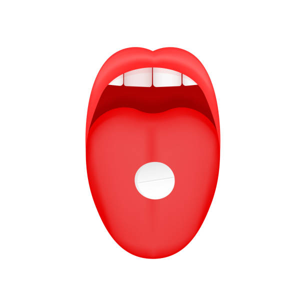 istock Open mouth with tongue sticking out and pill on them isolated on white background. Taking medicine or drugs concept. Vector cartoon illustration 2026407713