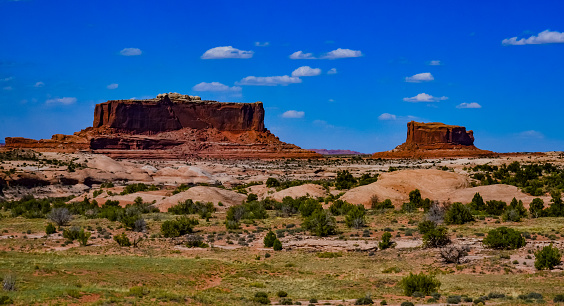 Layered geological formations of red rocks in Canyonlands National Park is in Utah near Moab. USA