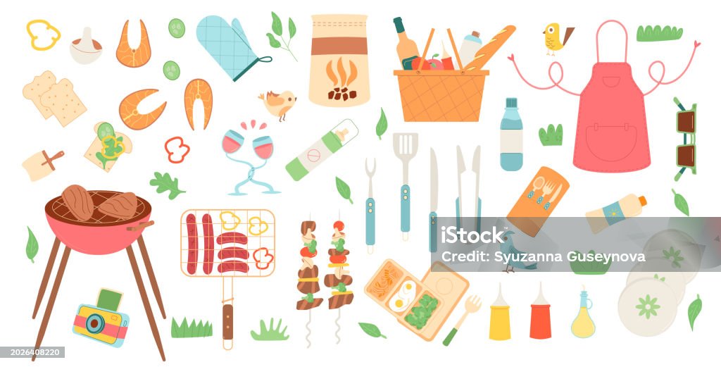 Spring Cookout Background Bbq Picnic Set Spring Grill Elements Isolated On White Background ...