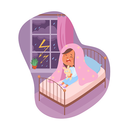 Kids fears vector illustration. Scared crying girl afraid of thunderstorm. Brontophobia. Childish phobia. Frightened cartoon young female character in dark bedroom. Kid psychologic support.