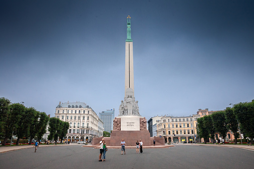 Picture of the freedom monument of Riga, latvia. The Freedom Monument (or: Brivibas piemineklis) is a monument located in Riga, Latvia, honouring soldiers killed during the Latvian War of Independence (19181920). It is considered an important symbol of the freedom, independence, and sovereignty of Latvia. Unveiled in 1935, the 42-metre (138 ft) high monument of granite, travertine, and copper often serves as the focal point of public gatherings and official ceremonies in Riga.