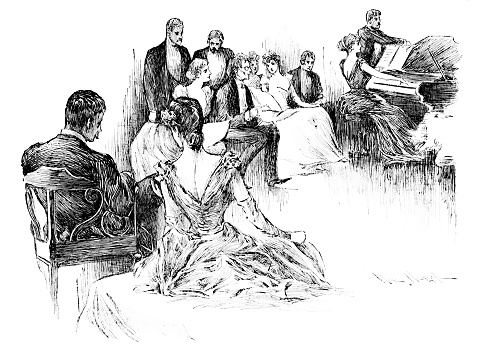 A female pianist gives a recital to an audience. Illustration engraving published 1894. Original edition is from my own archives. Copyright has expired and is in Public Domain.