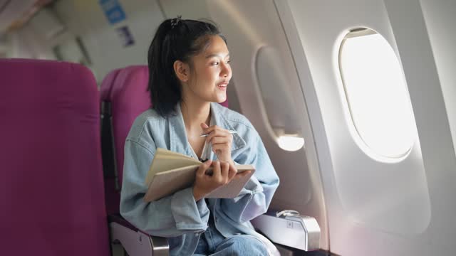 Asian female traveler jotting down notes with a pen and notebook during a holiday flight