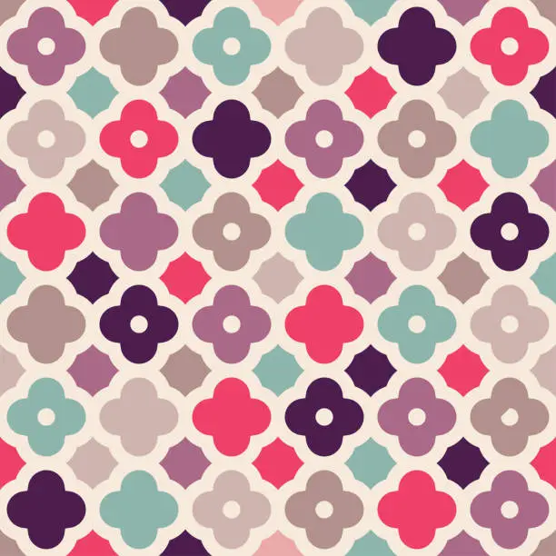 Vector illustration of Sweet and colorful pattern in pink and purple shades of geometric flowers