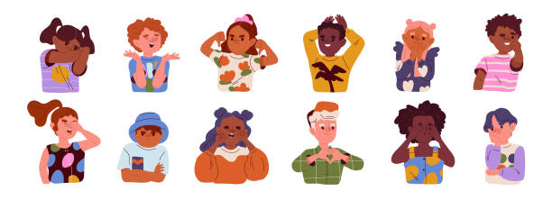 Childrens emotion expression bundle vector set Childrens emotion expression bundle set isolated on white. Various characters, diversity, multi-ethnic group of cute kids. Hand drawn flat cartoon vector illustration drawing of the funny black people faces stock illustrations