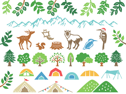 Cutout style illustration set of mountain camping and forest animals