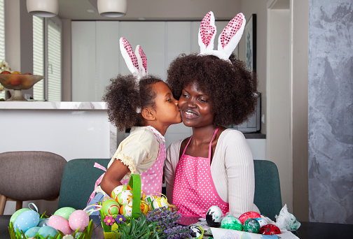 Cute Multiracial family, mother and daughter preparing for Easter celebration