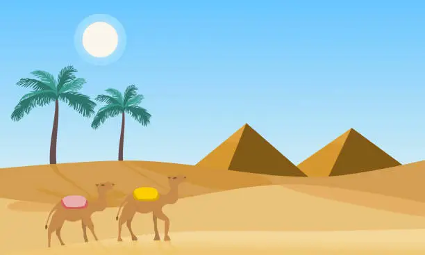 Vector illustration of Desert landscape with pyramid, camel, and palm tree in day light. Vector illustration.