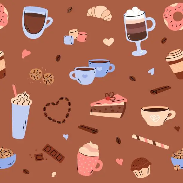 Vector illustration of Coffee time seamless pattern vector. Cute background with doodle coffee and sweet food elements in simple hand drawn style. Different coffee drinks cappuccino, espresso, mocha. Cake, croissant, donut