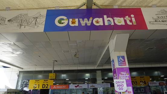 Guwahati, India - December 03 2023: Entrance of Lokpriya Gopinath Bordoloi International Airport in Borjhar Guwahati, Assam. Managed by Adani group.