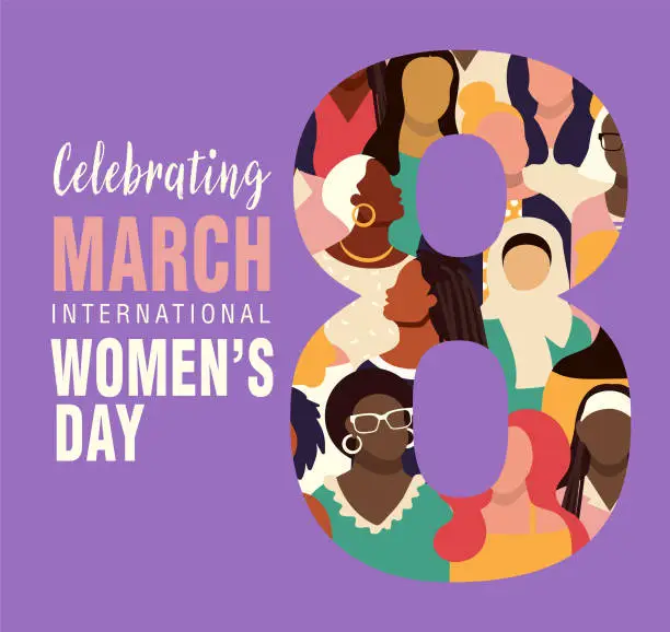 Vector illustration of International Women's Day March 8th web banner with crowd of diverse women and text design